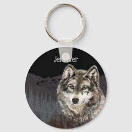 Llavero Montaña con nombre personalizado de lobo acuarela
