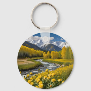Llavero Montañas nevadas amarillas del otoño en el río Asp