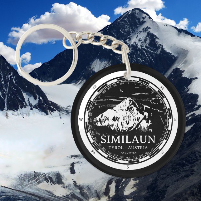 Llavero Monte Similaun - Alpes del Tirol Austria (Mount Similaun Keychain in Back with a white compass and mountain illustration)
