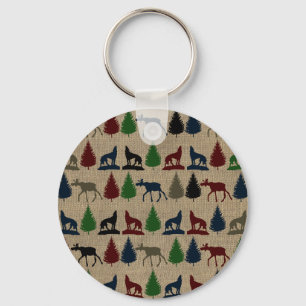 Llavero Moose Wolf Pine Tree Rustic Burlap Print Outdoors