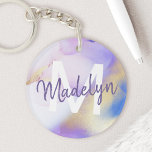 Llavero Morado acuarela Abstract Girly Luxury Monograma<br><div class="desc">Personaliza fácilmente este estilo glamoroso de pintura de acuarela lila abstracta y el fondo falso de pulverización dorada con tus detalles personalizados.</div>
