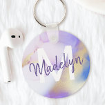 Llavero Morado acuarela Abstract Girly Luxury Monograma<br><div class="desc">Personaliza fácilmente este estilo glamoroso de pintura de acuarela lila abstracta y el fondo falso de pulverización dorada con tus detalles personalizados.</div>