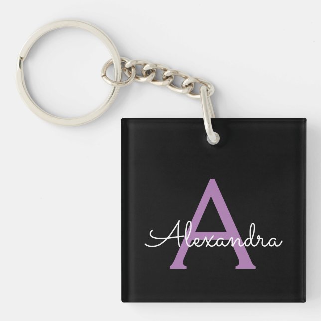 Llavero Morado Black Script Girly Monograma Nombre (Frente)