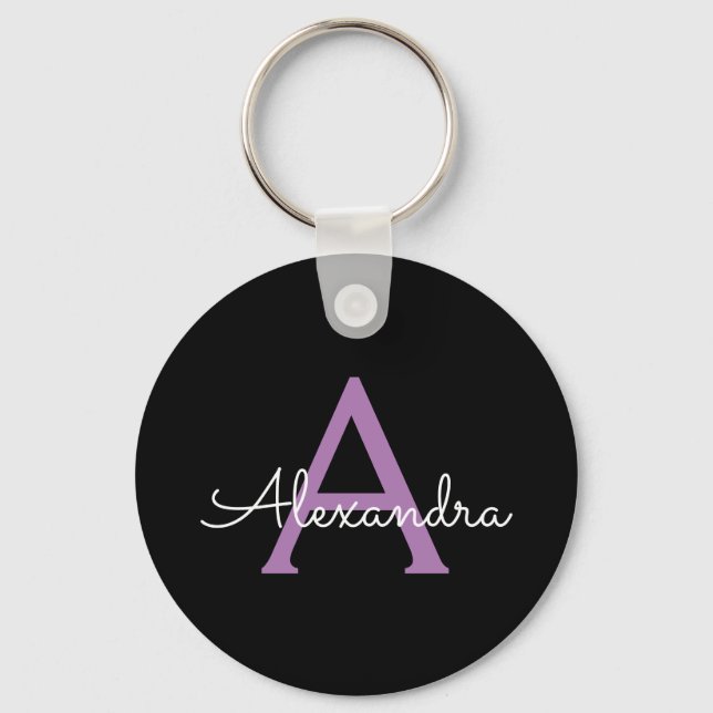 Llavero Morado Black Script Girly Monograma Nombre (Anverso)