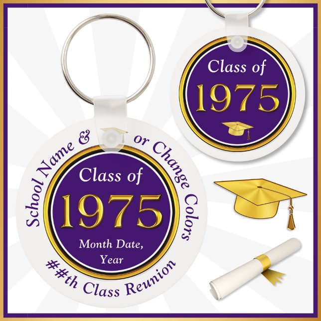 Llavero Morado y blanco, clase de 75 Reunión, favor del pa (Class of 1975 Keychains. Great and Inexpensive, Class of 75 party favors for your goodie bags. )