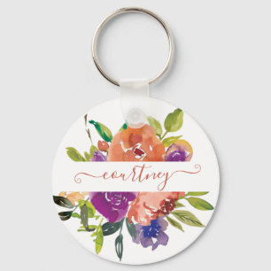 Llavero Morado y naranja acuarela floral personalizada