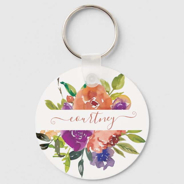 Llavero Morado y naranja acuarela floral personalizada (Anverso)
