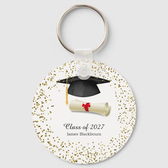 Llavero Mortero negro, efecto dorado confetti Graduación (Anverso)