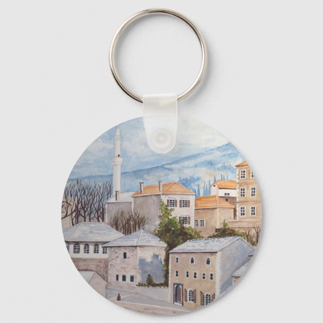 Llavero Mostar, Bosnia - Pintura del paisaje de acrílico (Anverso)