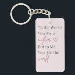 Llavero Mother’s Day Keychain<br><div class="desc">Celebrate the love of motherhood with this elegant Mother’s Day keychain featuring the heartfelt quote: “To the world you are a mother, but to me you are the world.” This minimalist typography design combines classic serif lettering with a graceful script font, creating a timeless and meaningful gift for mom. The...</div>