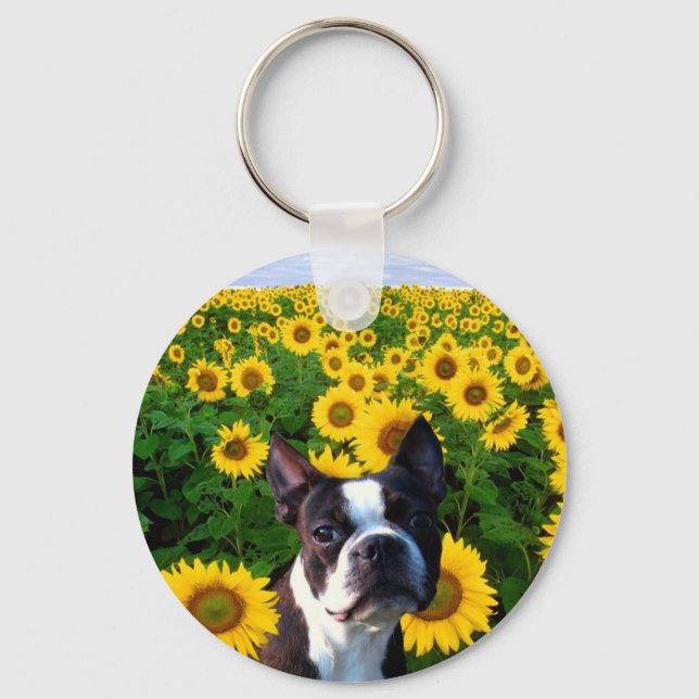 Llavero Motores de Boston Terrier en los girasoles (Anverso)