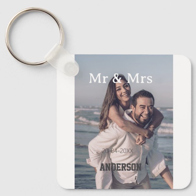 Llavero Mr & Mrs add family name photo date wedding family (Anverso)