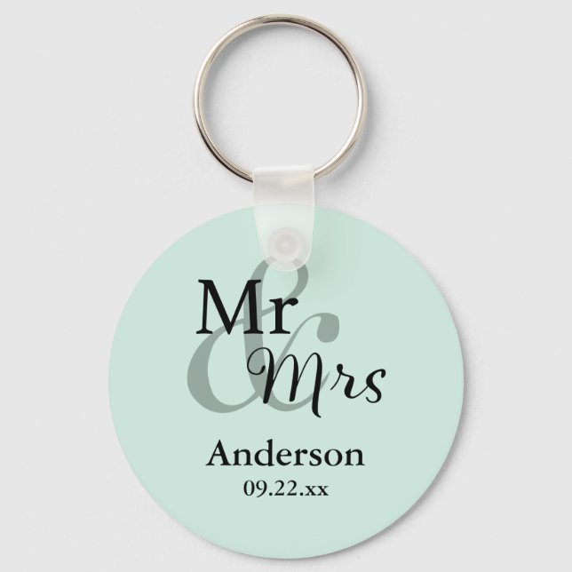 Llavero Mr. & Mrs. Wedding Favor Keyring Name/Date (menta) (Anverso)