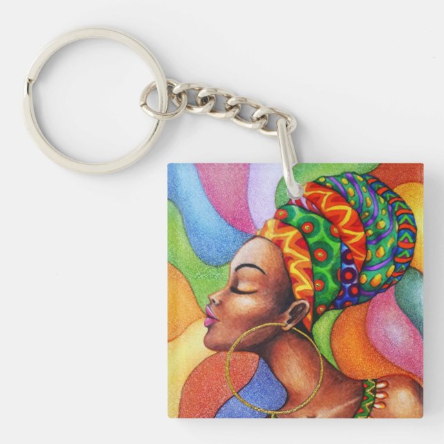 Llavero Mujer africana con tejidos tradicionales de cera (Frente)