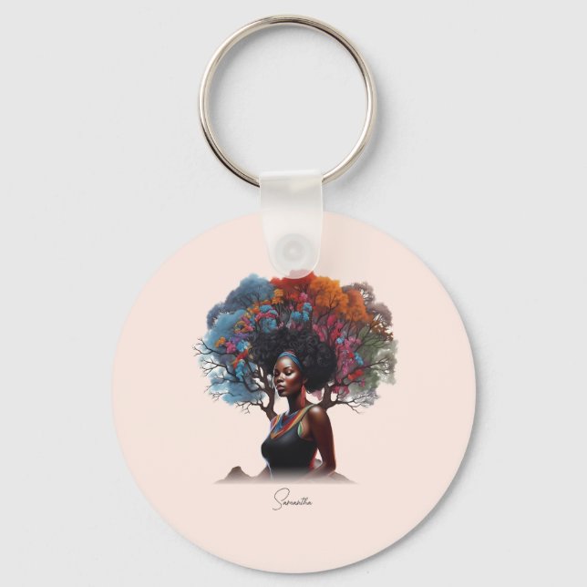 Llavero Mujer afroamericana con pelo adornado con árbol (Anverso)
