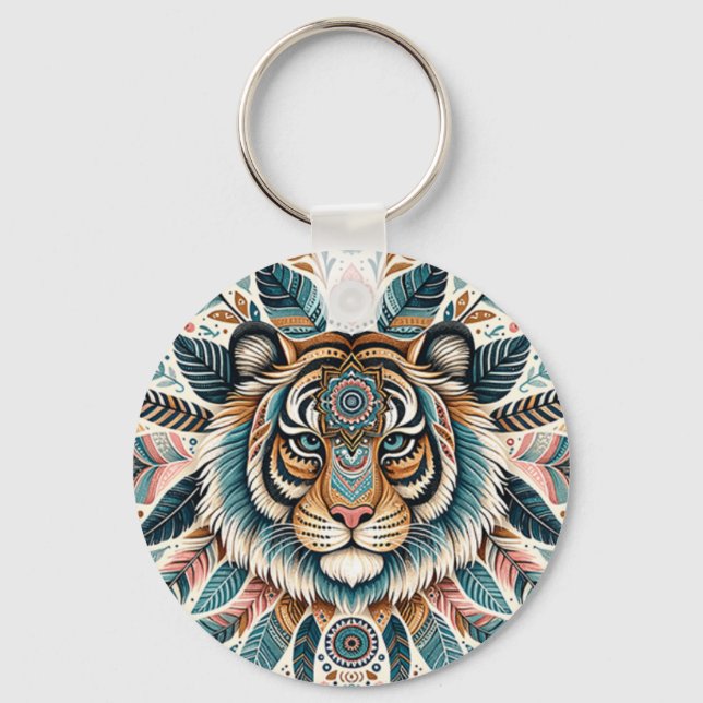 Llavero Mujer boho mandala plumas tigre (Anverso)