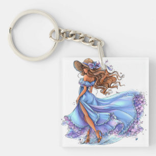 LLAVERO MUJER BONITA CON TEMA DE VERANO VESTIDA DE AZUL