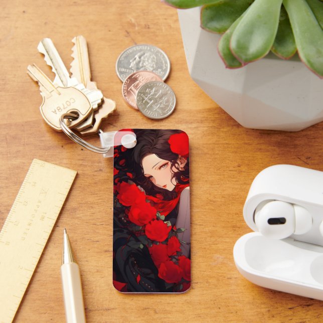 Llavero Mujer de Anime y Flores Rojas (Escritorio )