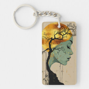 Llavero Mujer etérea en luna de silueta de árbol