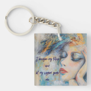 Llavero Mujer mística con plumas acrílicas Keychain