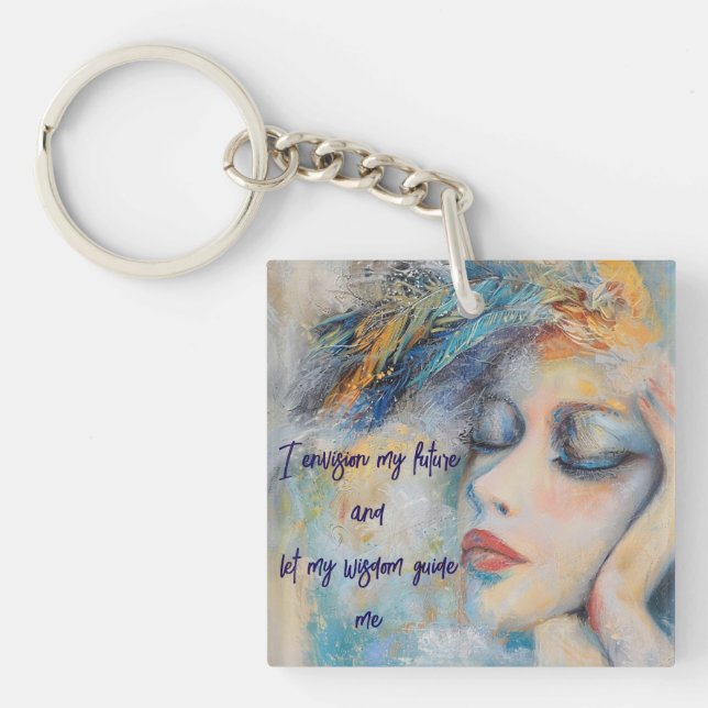 Llavero Mujer mística con plumas acrílicas Keychain (Frente)