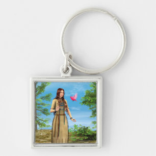 Llavero Mujer Nativa Americana Arte de Bosque y Pájaro