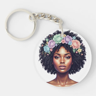 Llavero Mujer negra elegante con diadema de flores Afro