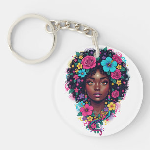 Llavero Mujer negra profunda con afro adornado con flores