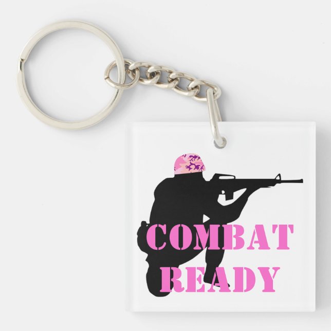 Llavero Mujer soldado con casco de camuflaje rosado (Frente)