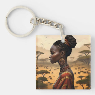 Llavero Mujer Tribal Vigilando Su Paisaje Africano,