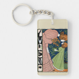 Llavero Mujer y niña Art Nouveau vintage con vestido verde