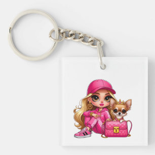 Llavero Muñeca de moda rosa y manta de felpa para cachorro