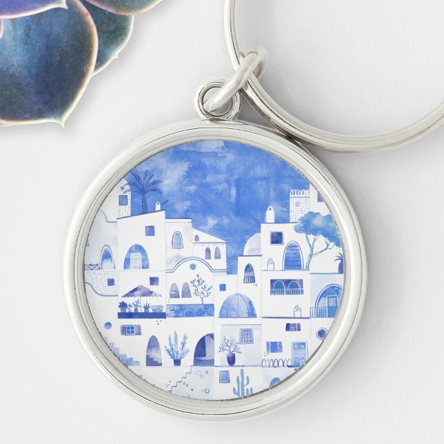 Llavero Municipio de Santorini Greece Watercolor (Santorini Oia watercolor painting art key ring)