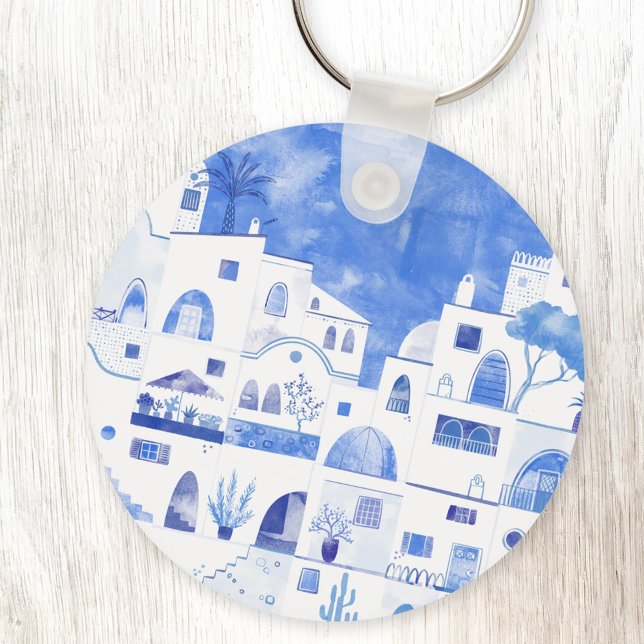 Llavero Municipio de Santorini Greece Watercolor (Santorini Greece watercolor painting in blue and white on a keyring)