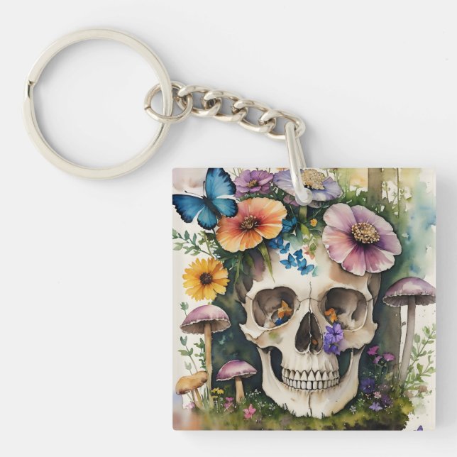 Llavero Mushroom Skull Floral Watercolor Art (Frente)