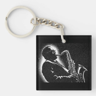 Llavero Músico de saxofón estilo gráfico BW años 50