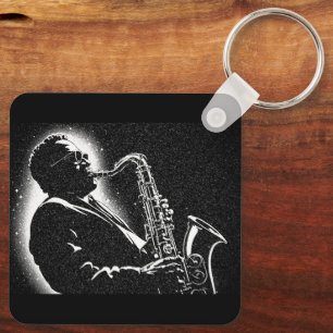 Llavero Músico de saxofón estilo gráfico BW años 50