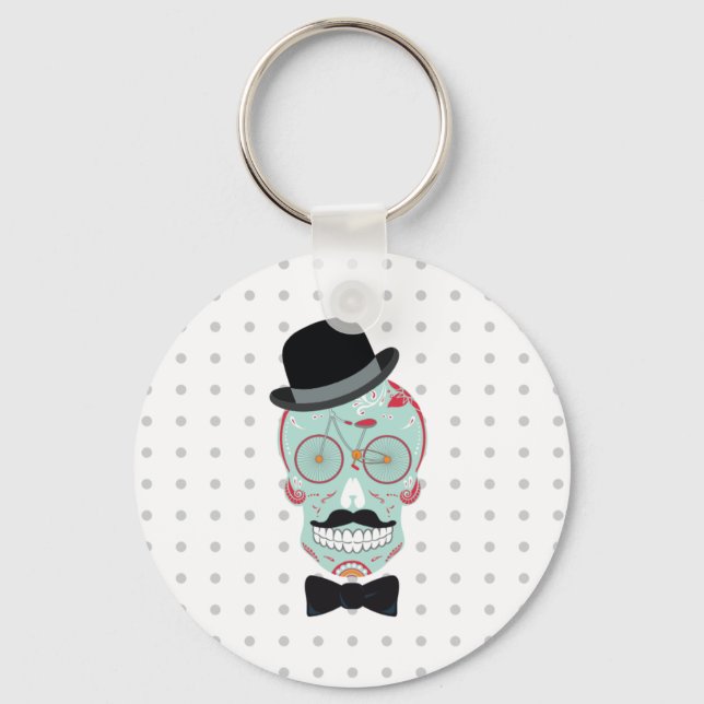 Llavero Mustache Top Hat Bicycle Sugar Skull keychain. (Anverso)