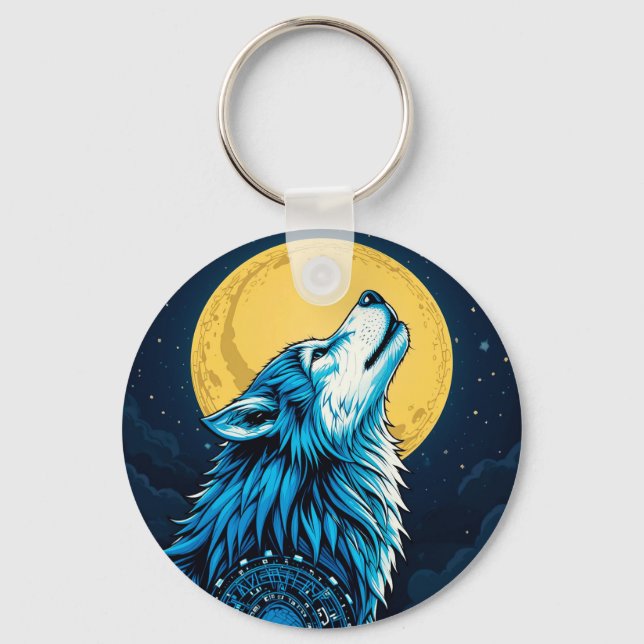 Llavero Mystical Blue Wolf Howling en Luna Llena (Anverso)