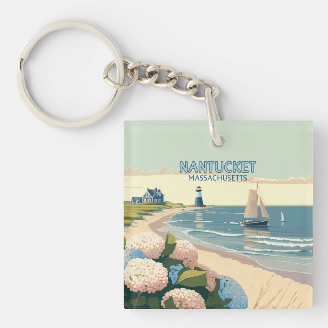 Llavero Nantucket Beach Hydrangeas Lighthouse Bote Retro (Frente)