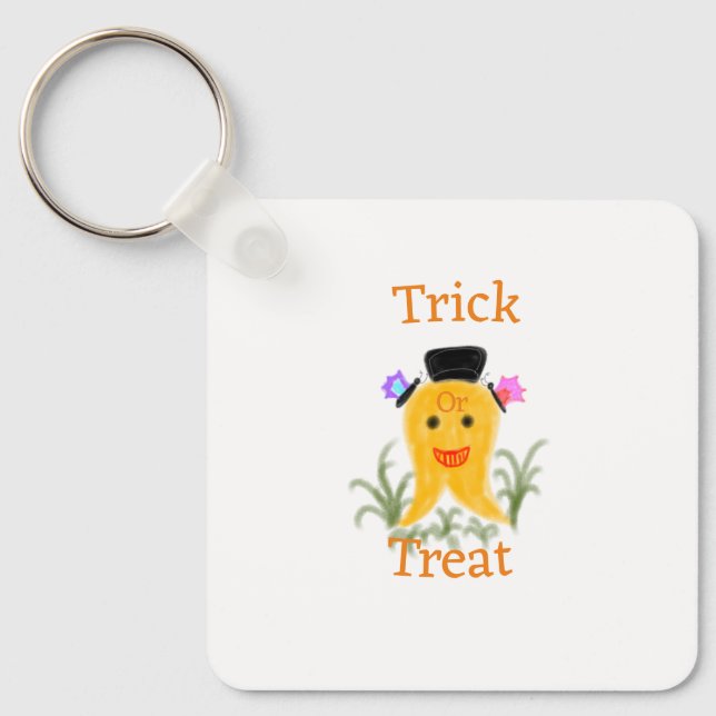 Llavero Naranja amarillo Halloween Fantasma truco o regalo (Anverso)
