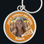 Llavero Naranja animador foto espíritu de escuela secundar<br><div class="desc">Este genial regalo de fotos de animadores de secundaria personalizado incluye tipografía blanca de tu equipo y nombre de jugador en una cadena de claves naranja con un megáfono de vítores. Personalice con la fotografía de su estudiante y el año de clase como un orgulloso padre animador. Un gran regalo...</div>
