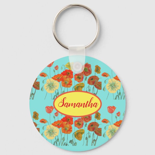 Llavero Naranja Cachorros Amarillos Floral Aqua Poppy Chic (Anverso)