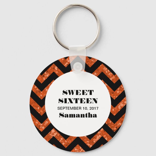 Llavero Naranja Chevron Purpurina Sweet 16 Keychain (Anverso)