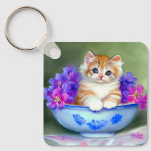Llavero Naranja de época y Ilustracion de gatito blanco