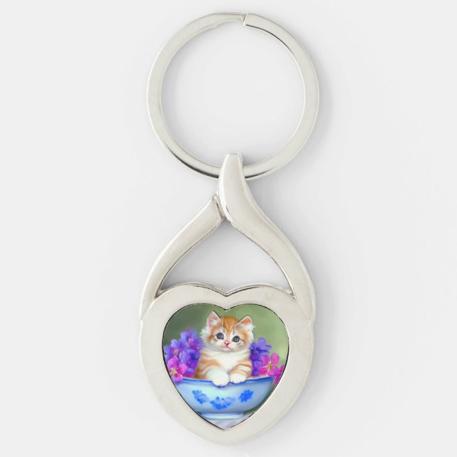Llavero Naranja de época y Ilustracion de gatito blanco (Anverso)