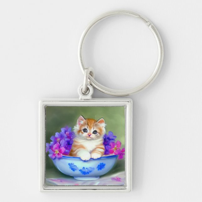 Llavero Naranja de época y Ilustracion de gatito blanco (Frente)