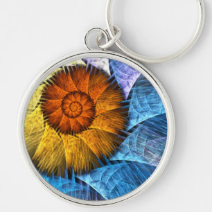 Llavero Naranja floral Azul amarillo abstracto arte