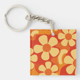 Llavero Naranja floral retro y patrón amarillo