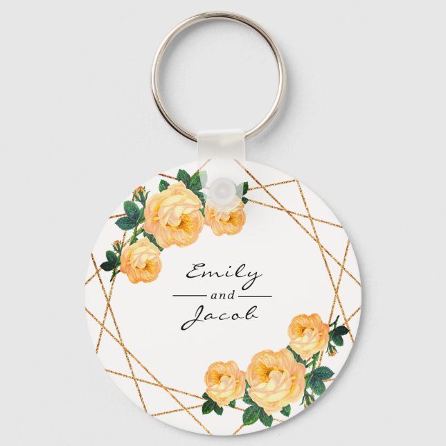 Llavero Naranja Floral Wed Elegante Purpurina Oro Geométri (Anverso)
